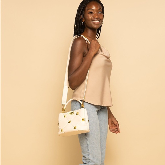 Beige Quilted Leather Gold Studded Top Handle Handbag with Studded Strap - Picture 3 of 5